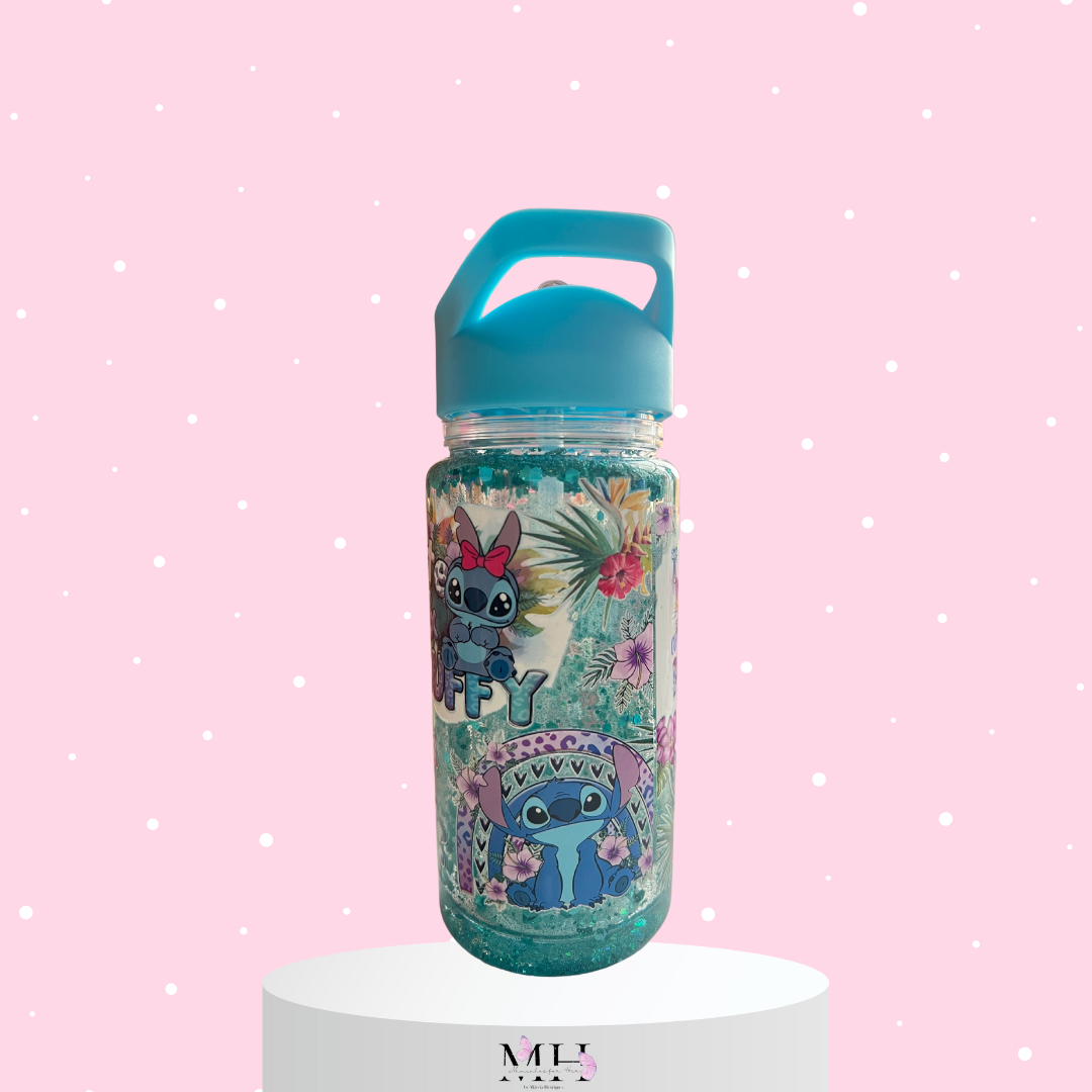 Garrafa tampa Azul Stitch com palhinha 400ml Glitter- MH