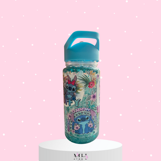 Garrafa tampa Azul Stitch com palhinha 400ml Glitter- MH