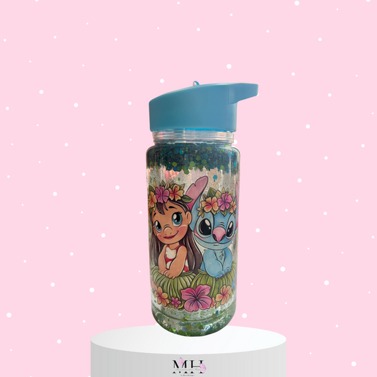 Garrafa tampa Azul Stitch com palhinha 400ml Glitter- MH